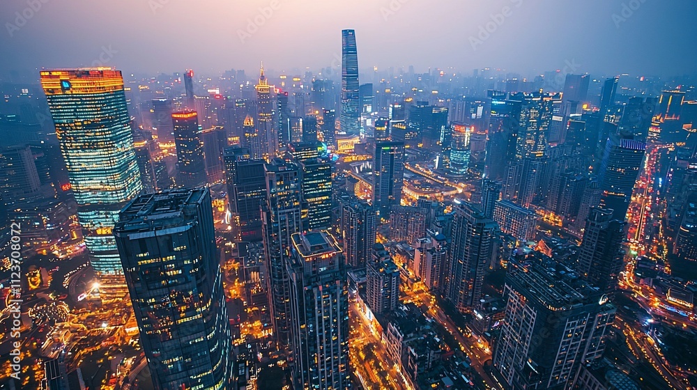 Fototapeta premium Aerial view of a vibrant city skyline at twilight, illuminated by city lights.