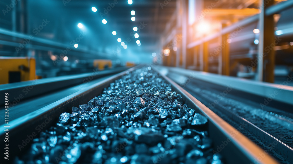 A dramatic industrial setting with raw lithium metal and metallic rocks ...