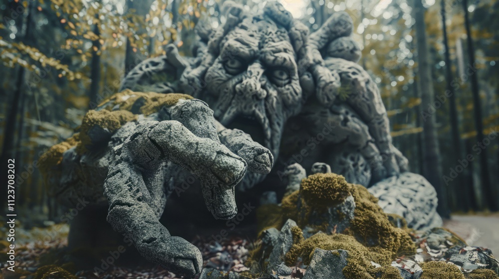 Fototapeta premium angry stone monster slams hand into ground against forest background.