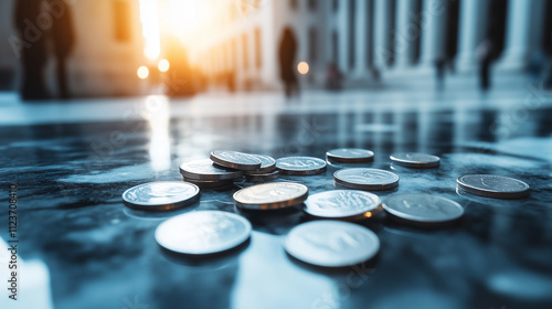 Coins scattered on a polished marble surface with a government building in soft focus, representing the interplay between currency and policy photo