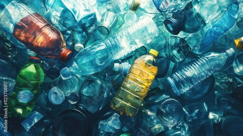 Disposable single use plastic objects such as bottles, cups, forks, spoons and drinking straws that cause pollution of the environment, especially oceans. Top view. photo