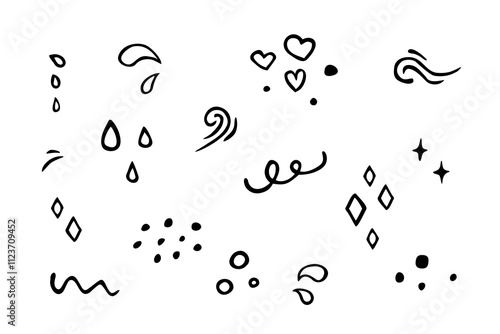 Vector doodles set. Collection of hand drawn elements: hearts, drops, wind, water, sparkles, stars.