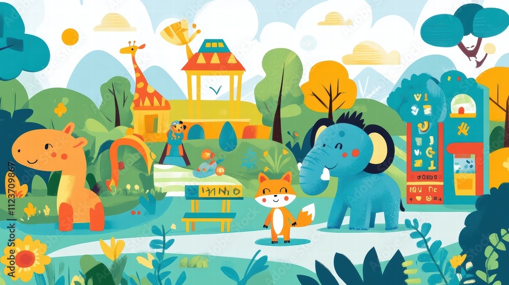 Naklejka premium A cartoon drawing of a zoo with a variety of animals, including a giraffe. Illustration