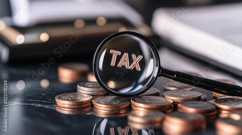 A magnifying glass highlighting the word "TAX" on a coin, surrounded by piles of coins and a ledger book in the background