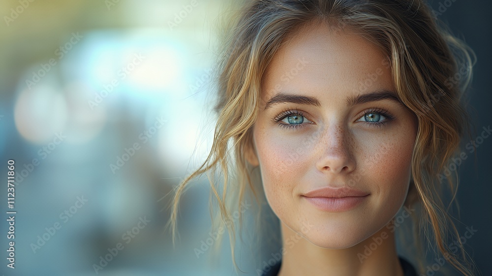 Close-up portrait of a young woman with blonde hair and blue eyes, smiling subtly. Close-up portrait of a young woman with blonde hair and blue eyes, smiling subtly.