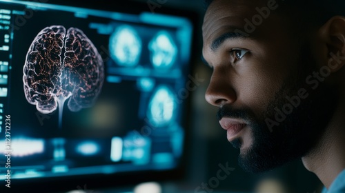 Scientists analyzing brain scans to uncover neurological insights and advance medical research, focusing on cognitive functions and potential treatments. photo