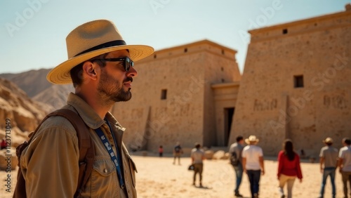 a guide in the desert with a group photo