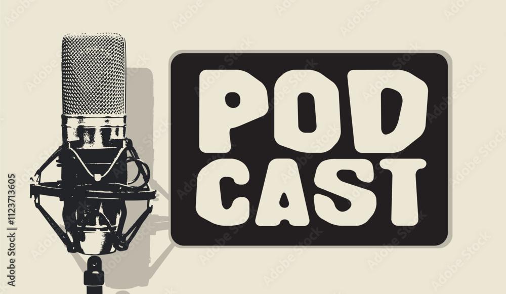 Fototapeta premium vector internet banner for podcast or internet radio with retro microphone and inscription. Suitable for advertising or logo