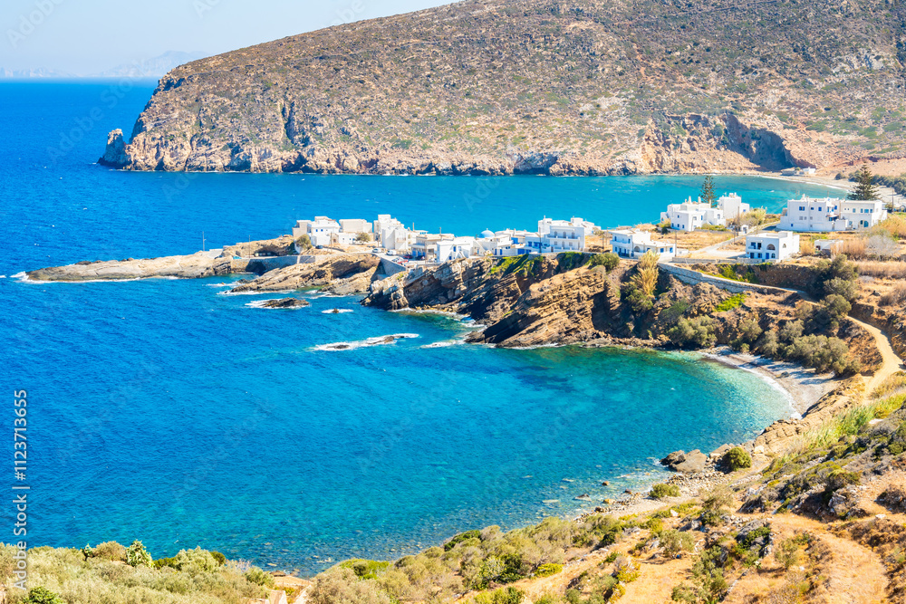 View of Apollonas bay and sea coast from road above village, Naxos island, Cyclades, Greece