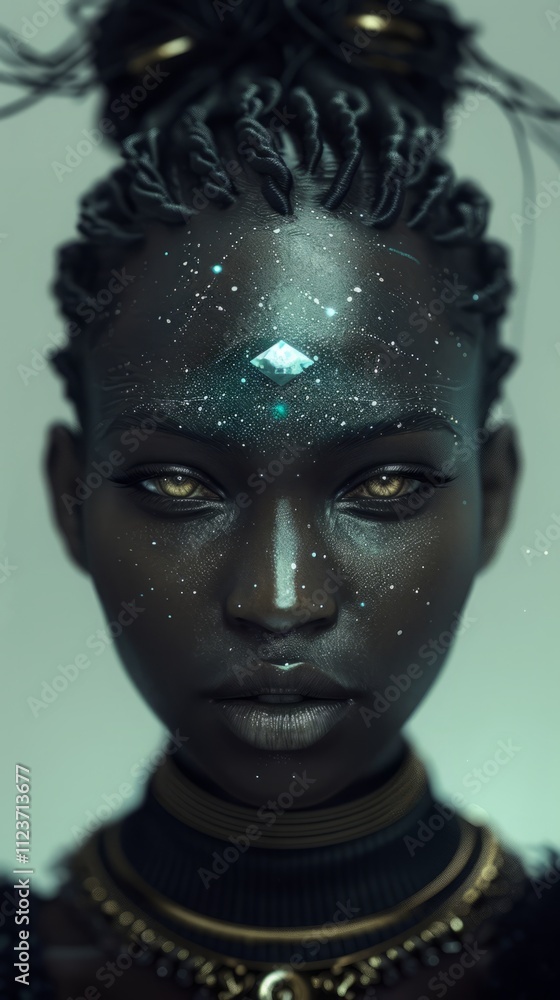 Galactic Black Woman With Glowing Stone On Her Forehead 3D. Galactic Black Woman With Glowing Stone On Her Forehead 3D.