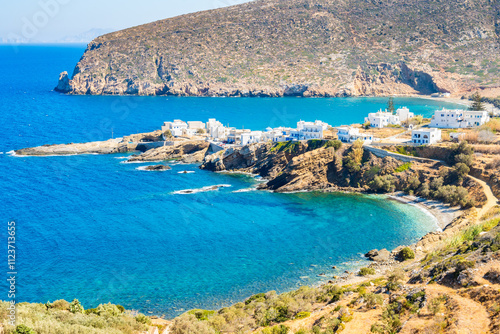Obraz na płótnie View of Apollonas bay and sea coast from road above village, Naxos island, Cyclades, Greece w salonie