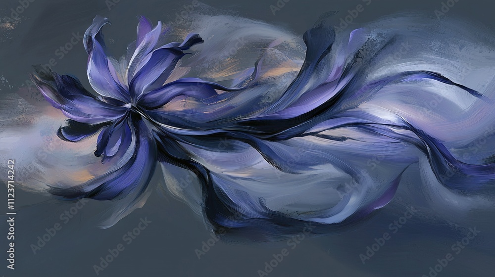 Fototapeta premium An abstract depiction of a blue blossom amidst a muted backdrop of gray and blue, featuring white turbulence enveloping the petals