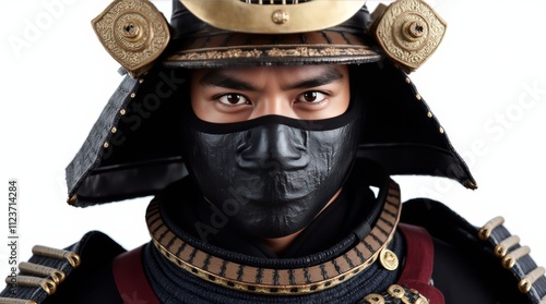 Close-Up of a Samurai in Traditional Armor and Kabuto Helmet photo