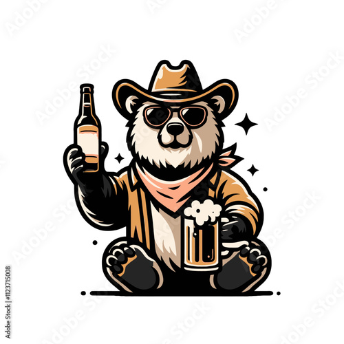 Cool bear wearing sunglasses and a cowboy hat, holding a beer mug and a bottle. A stylish and humorous design for pubs, parties, and western themes. Isolated vector illustration.