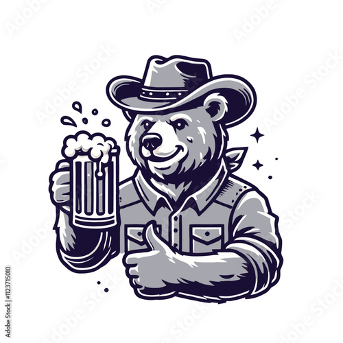 A smiling cartoon bear in a cowboy hat and shirt giving a thumbs up while holding a frothy beer mug, ideal for fun bar logos, western themes, or festive branding. Isolated vector illustration on a whi