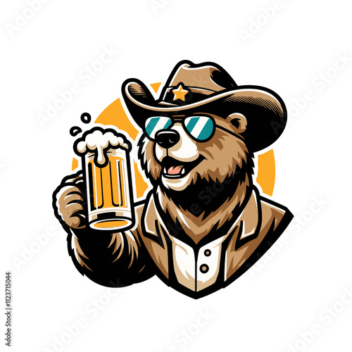 A confident bear in a cowboy hat, sunglasses, and jacket holding a frothy beer mug, perfect for trendy bar branding, party designs, or modern western themes. Isolated vector illustration on a white ba