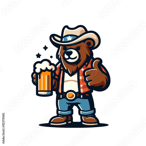 A cheerful bear in a cowboy hat and plaid shirt giving a thumbs up while holding a beer mug, ideal for fun bar branding, western themes, or festive designs. Isolated vector illustration on a white bac