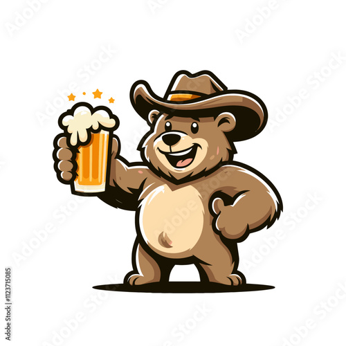 A cheerful cartoon bear in a cowboy hat holding a frothy beer mug, perfect for bar branding, party designs, or fun western concepts. Isolated vector illustration on a white background.