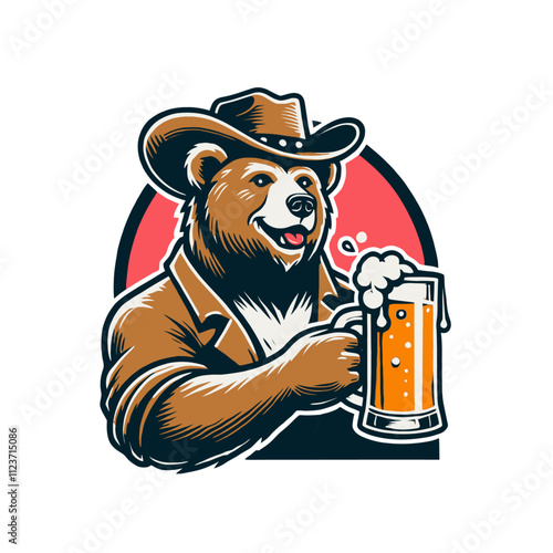 A confident bear in a cowboy hat and jacket holding a mug of beer, ideal for logos, party designs, or bar branding. Isolated vector illustration on a white background, bold and stylish.