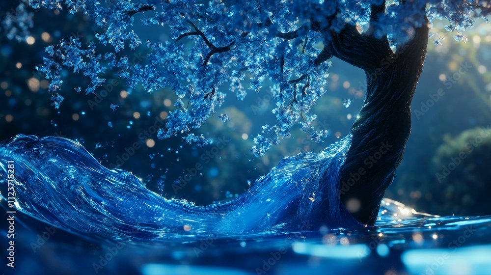 Fototapeta premium Blue water swirls around tree with blossoms.