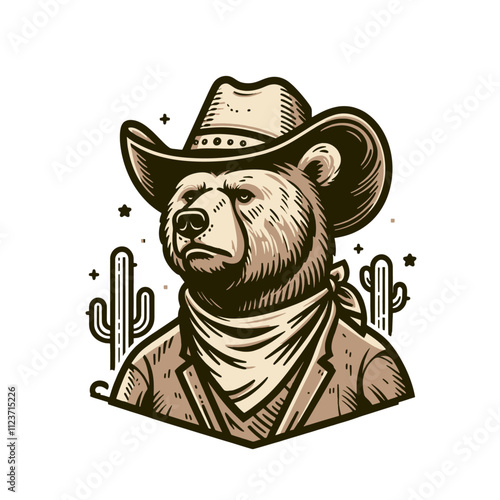  Detailed illustration of a bear in a cowboy hat and bandana, set against a desert background with cacti. A vintage and bold design for western and adventure themes. Isolated vector illustration.