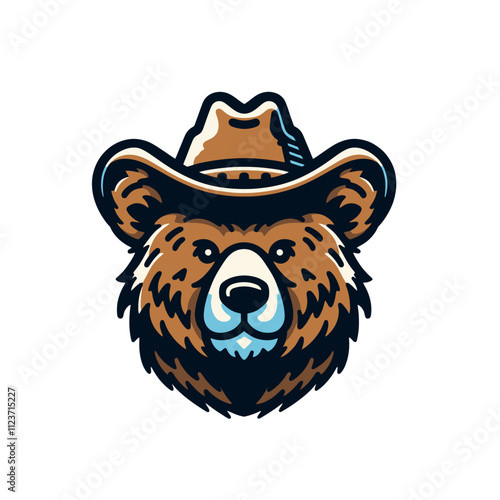 Colorful bear wearing a cowboy hat, with a friendly and approachable expression. A creative and bold design perfect for western, branding, and outdoor themes. Isolated vector illustration.