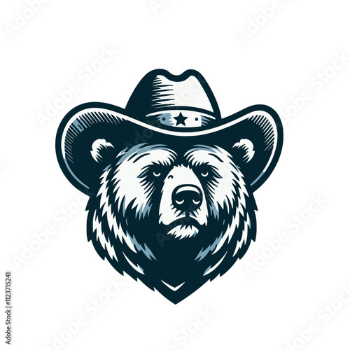 Bold and confident bear wearing a cowboy hat with a sheriff star, rendered in a detailed monochrome style. A striking design for western, branding, and adventure themes. Isolated vector illustration.