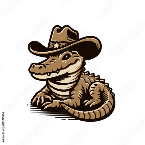 Adorable alligator wearing a cowboy hat with a sheriff star, sitting confidently with a playful expression. A charming and fun design for western and adventure themes. Isolated vector illustration.