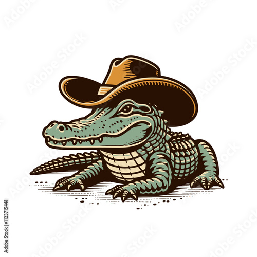 Confident alligator wearing a cowboy hat, sitting with a relaxed and cheerful expression. A bold and unique design for western and adventure themes. Isolated vector illustration.