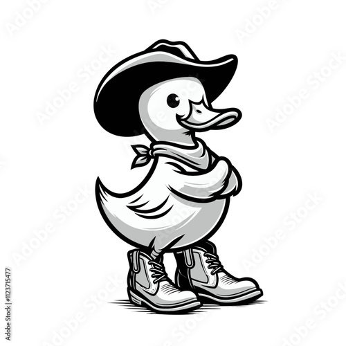 Confident cowboy duck in a monochrome design, wearing a cowboy hat, boots, and a bandana, standing with crossed wings. A bold and creative design for western and adventure themes. Isolated vector illu