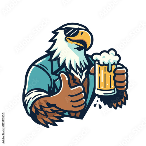 Stylish eagle wearing sunglasses, holding a frothy beer mug and giving a thumbs-up. A bold and cheerful design for pubs, celebrations, and patriotic themes. Isolated vector illustration.