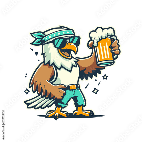 Cool eagle wearing a bandana and sunglasses, holding a frothy beer mug with a cheerful pose. A stylish and playful design for pubs, parties, and patriotic themes. Isolated vector illustration.