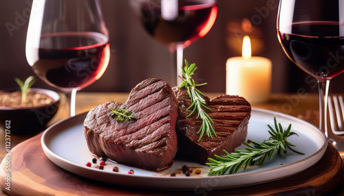 Two perfectly grilled heart-shaped steaks are garnished with fresh rosemary and served alongside glasses of red wine and a romantic candlelight. photo