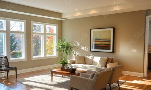 A freshly painted interior with a seamless blend of modern color choices. The walls are painted in soothing neutrals, accentuated feature wall in a living room,