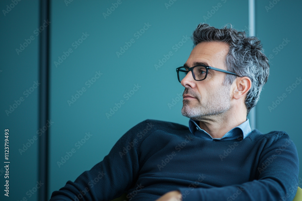 Obraz premium thoughtful businessman wearing glasses and sweater sits in modern office, gazing to side with calm expression. teal background adds professional and serene atmosphere