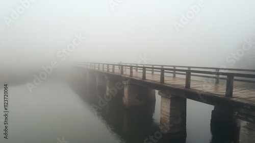 A quiet, fog-covered bridge crossing over a slow-moving river. The faint outline of a figure appears briefly in the mist.
