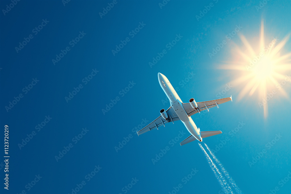 Obraz premium commercial airplane ascending into bright morning sky, leaving vapor trail behind as sun shines brightly in clear blue sky