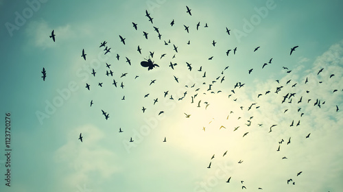 A tandem paraglider flying alongside a flock of migrating birds in the open sky. photo