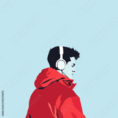 Stylish Teenager Listening to Music in Red Jacket