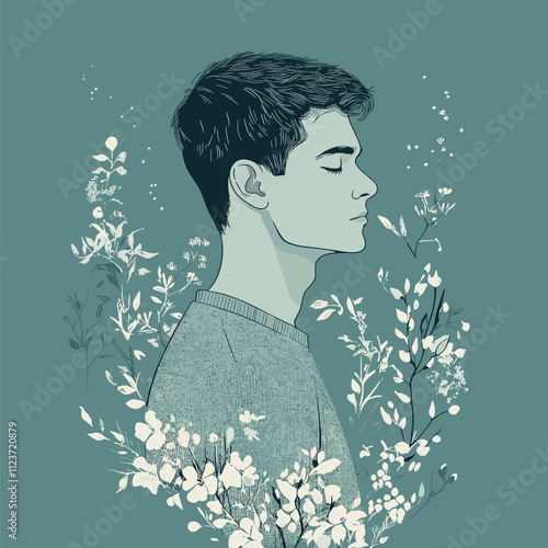 Tranquil Youth Amidst Floral Embrace. A Serene Profile Portrait