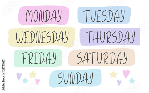 Hand drawn days of the Week names in doodle style. Cute playful Lettering weekdays. Perfect for planner scrapbooking Children education Design