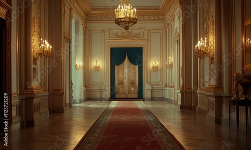 Wallpaper Mural A hallway of pristine grandeur with massive French doors framed in gilded moldings, carpeted with a lush runner reflecting a symphony of symmetry and aristocratic elegance Torontodigital.ca