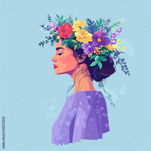 Serene Woman Adorned with a Vibrant Floral Crown