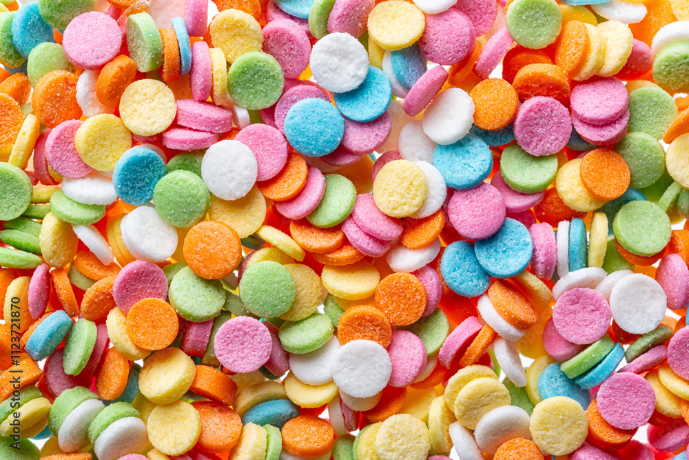 Fototapeta premium Sprinkle close up background. Colorful round sprinklers. Decoration for cake, donut, bakery. Candy topping background
