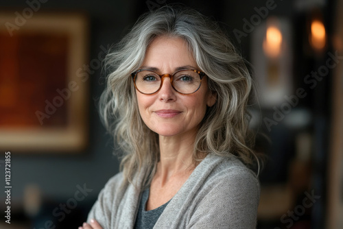 Portrait of smiling middle aged woman wearing eyeglasses at home. Attractive caucasian woman on blurred interior background. Generated AI