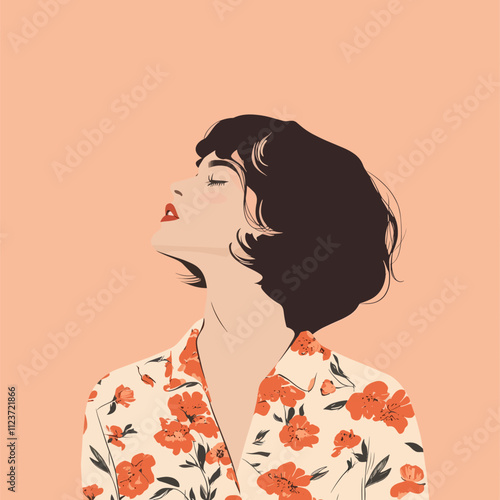Elegant Woman with Closed Eyes in Floral Shirt, Minimalist Illustration
