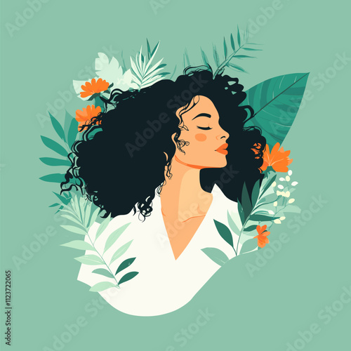 Serene Woman with Curly Hair Amidst Lush Tropical Foliage