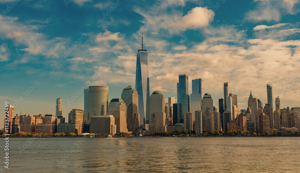 Obraz premium New York City. One World Trade Center. WTC memorial. View from New Jersey. Skyline of World Trade Center. New York City downtown.