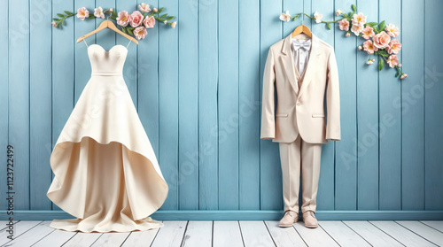 Elegant wedding dress and groom suit hanging on blue wooden wall photo