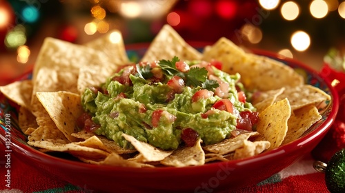 Festive guacamole and tortilla chips on a colorful plate.